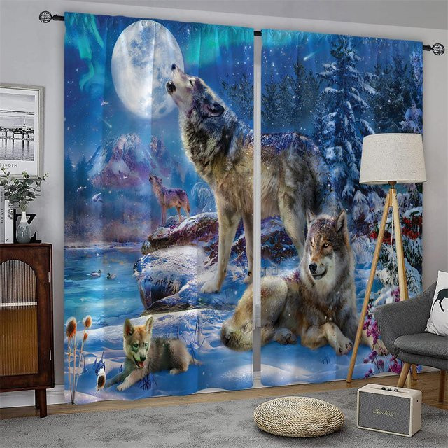 Yiran Furniture Verdunkelungsvorhang Schneewolf Design in Schwarz und Grau mit Haken, B: 50 cm, H: 130 cm, 2er Set - Bild 1