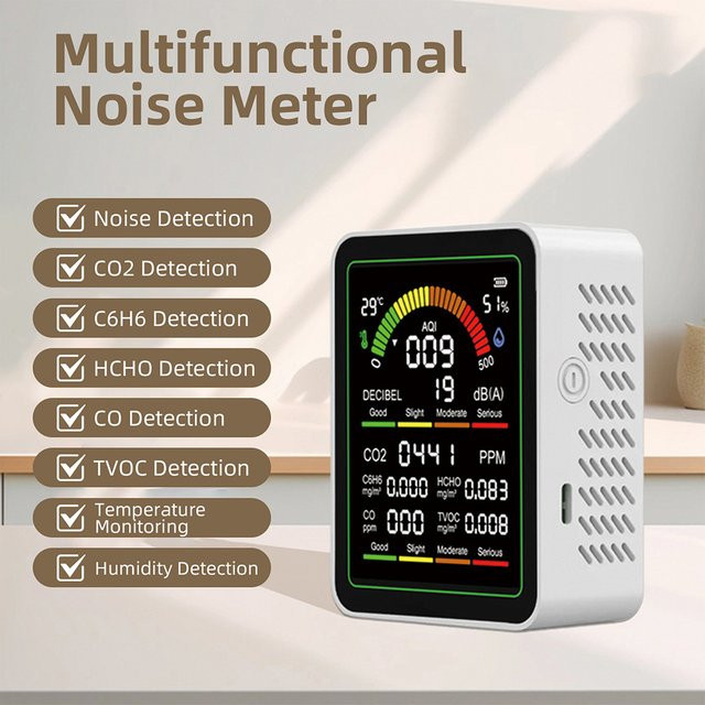 Gaqqee MT12 9-in-1 Luftqualitätsmonitor mit CO2-Detektor, Schallpegelmesser, Formaldehyd-Detektor sowie TVOC- und Temperatur-Feuchtigkeitsmonitor in Schwarz und Weiß - Bild 1