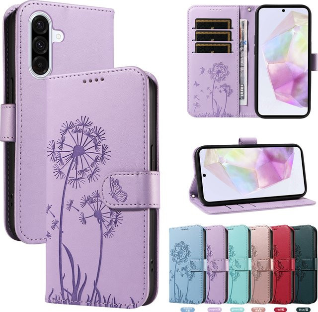 Leder Handyhülle mit Löwenzahn-Design als Wallet Flip Cover für Samsung Galaxy Modelle in Purple - Bild 1