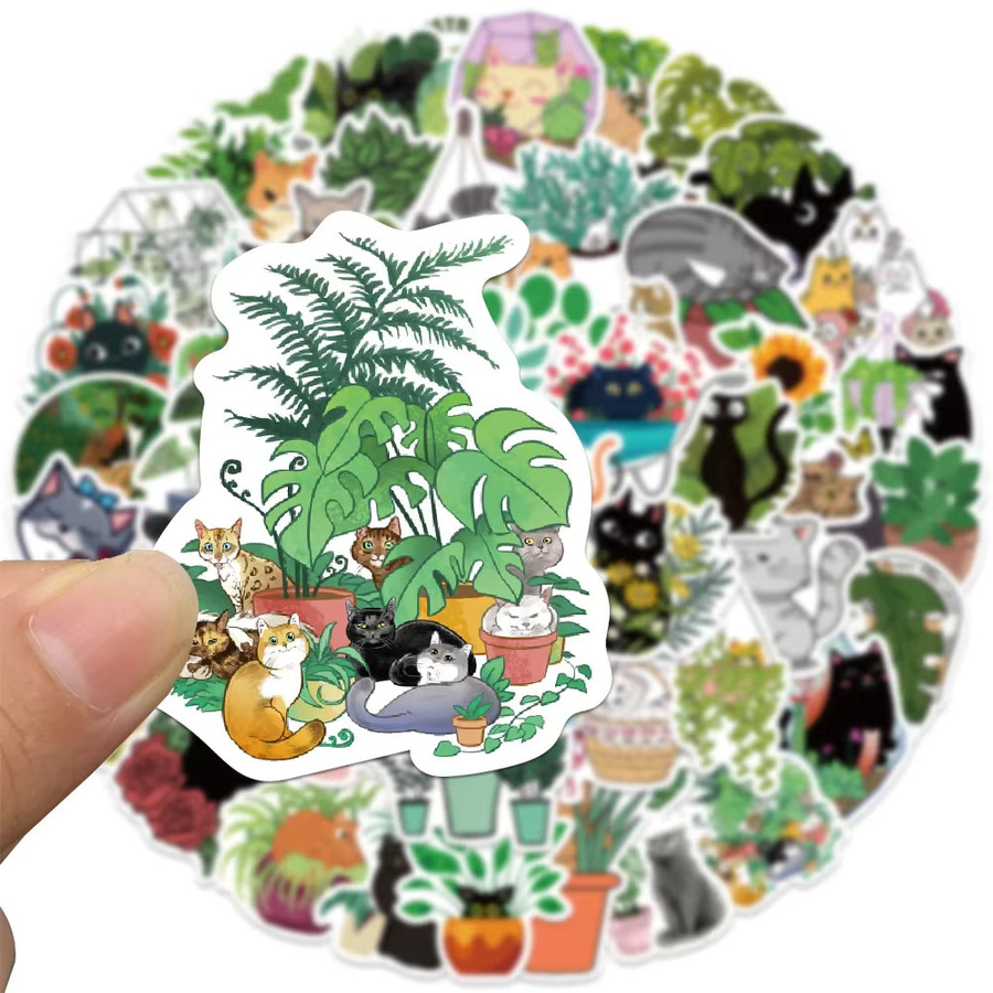 50 Stück GOGOTU Aufkleber Set mit Katzen und Pflanzen Motiven, bunte PVC Sticker für Laptop, Kühlschrank und DIY Dekoration - Bild 2