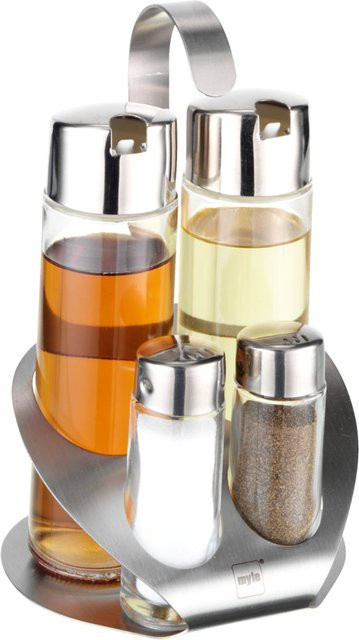 PULSIVA Essig-Öl-Salz-Pfeffer Menage Set aus Glas und Edelstahl in Silber, B/H/T: 12,5 x 20 x 11 cm - Bild 1