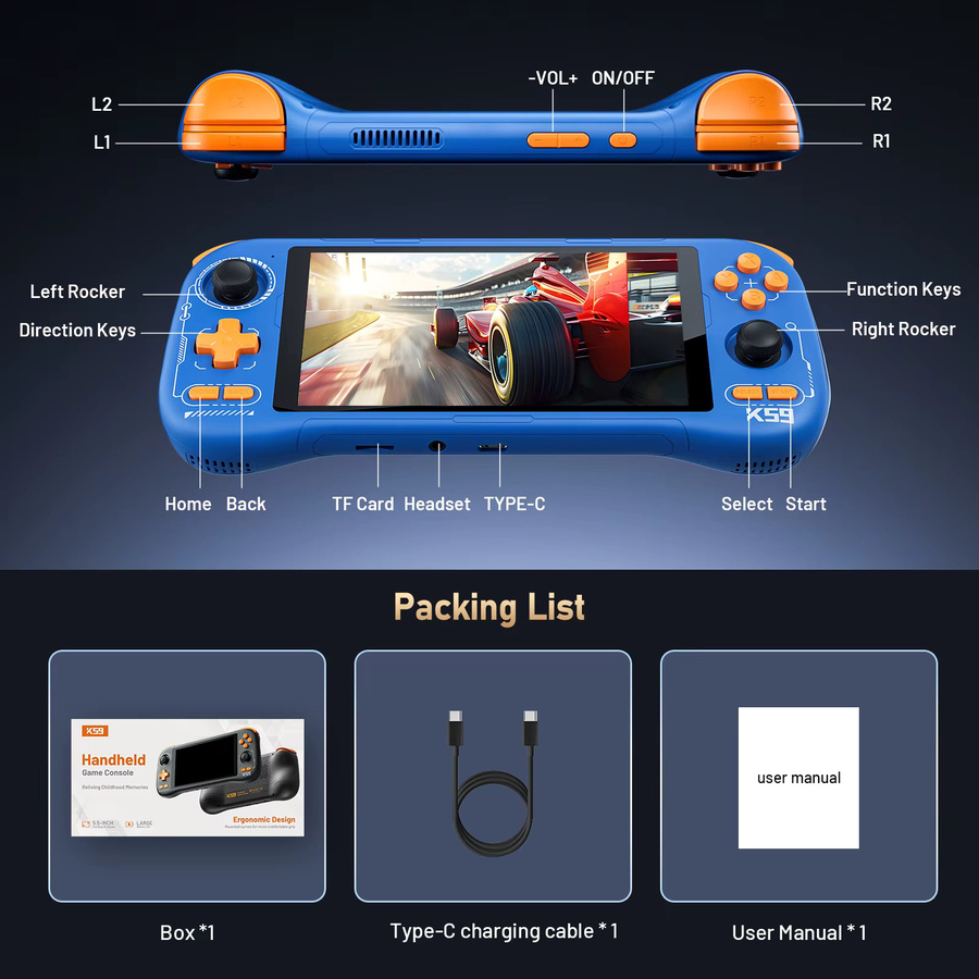 JSAMAZING K59 Pro Handheld-Spielkonsole mit Android 14, 5,5 Zoll Touchscreen, 5000mAh Akku und Kühlventilator in Blau - Bild 5
