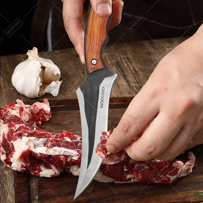 WXCOO Handgeschmiedetes Küchenmesser mit Scheide aus Edelstahl in Silber mit Holzgriff, Multifunktionales Fleischbeil und Ausbeinmesser für BBQ und Obst - Bild 4