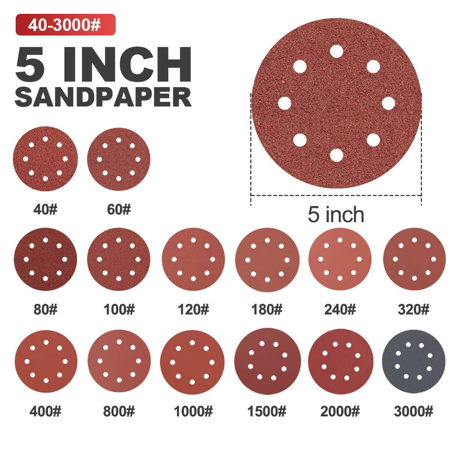 CMCP Schleifscheiben Set mit 8 Löchern, 100 Stück, Durchmesser: 125 mm, Körnung 40–3000 für Holz und Metall - Bild 2