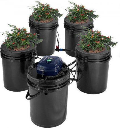 VEVOR RDWC Hydroponik-Anbausystem mit Umwälz-Tiefwasserkultur, 4 Eimern à 18,9 l, inklusive Luftpumpe und Wasserstandsanzeige für Blattgemüse