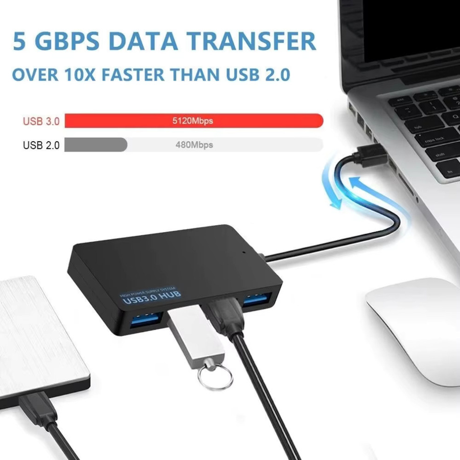 USB 3.0 Hub mit 4 Anschlüssen in Schwarz, Plug-and-Play Daten-Adapter für verschiedene Systeme - Bild 4