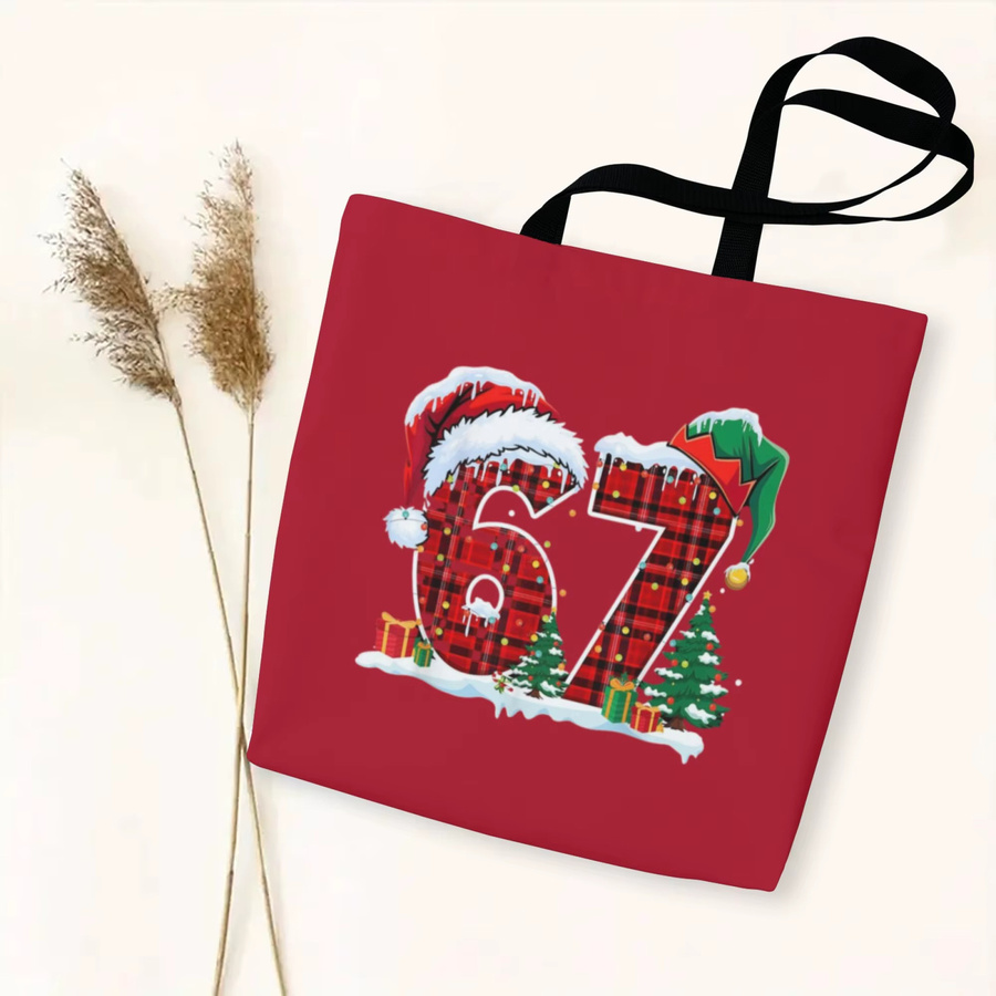 Weihnachts-Einkaufstasche aus Segeltuch mit Karomuster und Weihnachtsmann-Print in Rot - Bild 3