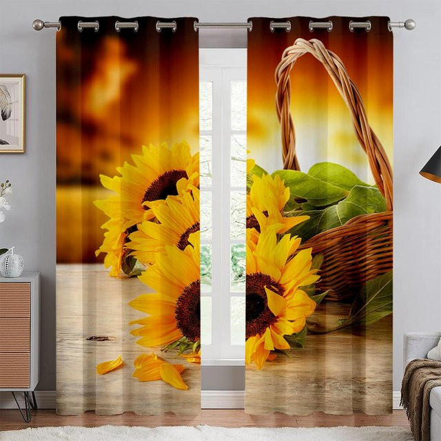 Sonnenblumen Blumen Landschaft Vorhänge Set mit 2 Panels und Haken, Mehrfarbig, Polyester, B: 50 cm, H: 130 cm - Bild 1