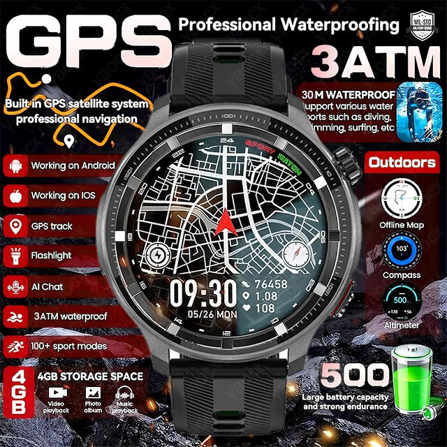 yaocx Smartwatch, GPS, Beleuchtung, 3 ATM, Silikon, Herren, Schwarz - Bild 1