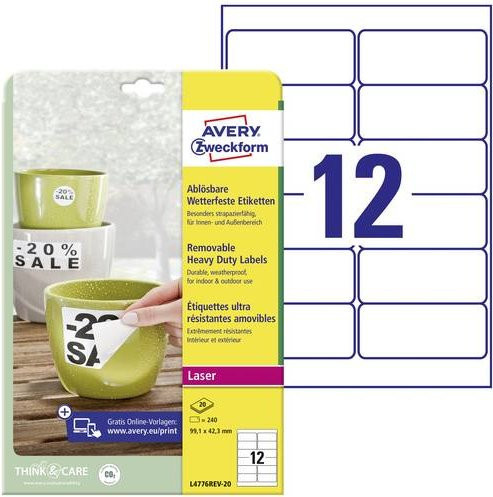 Avery Zweckform L4776REV Folien-Etiketten, weiß, Polyester, 240 Stück, Breite: 99,1 mm, Höhe: 42,3 mm - Bild 1