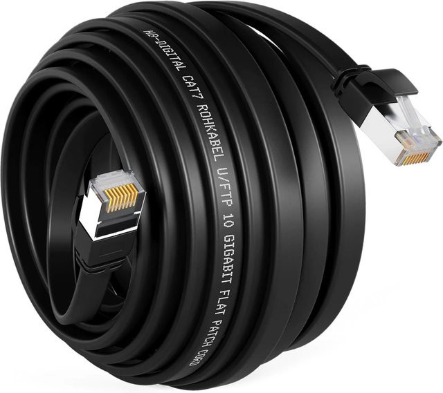 hb-digital Netzwerkkabel CAT 7 Flach Patchkabel RJ45 U/FTP Schwarz, Länge: 30 m - Bild 1