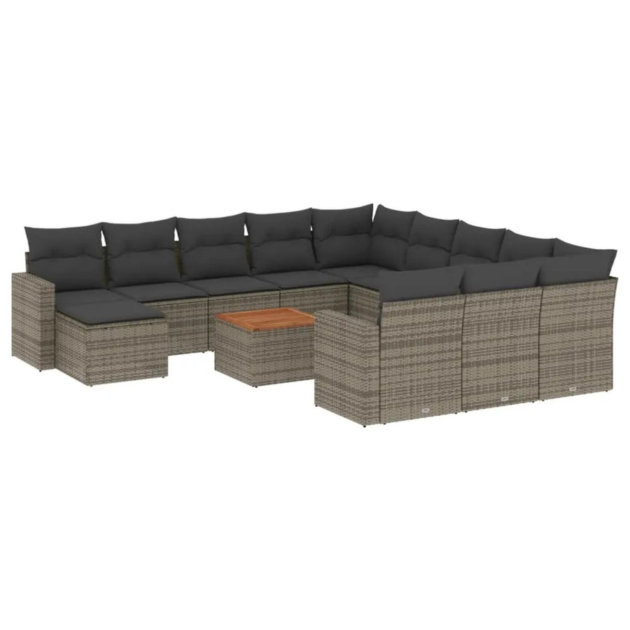 vidaXL 13-teilige Garten-Sofagarnitur in L-Form aus grauem Poly-Rattan mit Kissen und Akazienholz - Bild 2