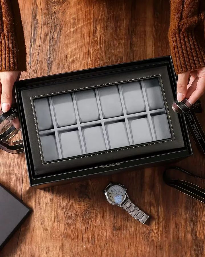 OAKCHARM Uhren-Aufbewahrungsbox aus Leder mit 12 Fächern und 2 Ebenen, abschließbares Schmuck-Display-Etui für Herren und Damen in Schwarz Beige - Bild 6