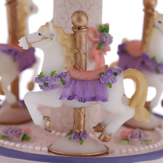 Tooarts Aufzieh-Karussell-Spieluhr Melody Castle in the Sky mit 3 Pferden in Pink und Grau - Bild 1
