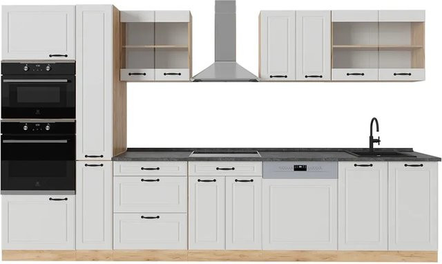 Vicco R-Line Küchenzeile Landhaus Weiß Struktur und Anthrazit mit Eiche Optik B/H/T: 350 x 232,21 x 60 cm - Bild 1