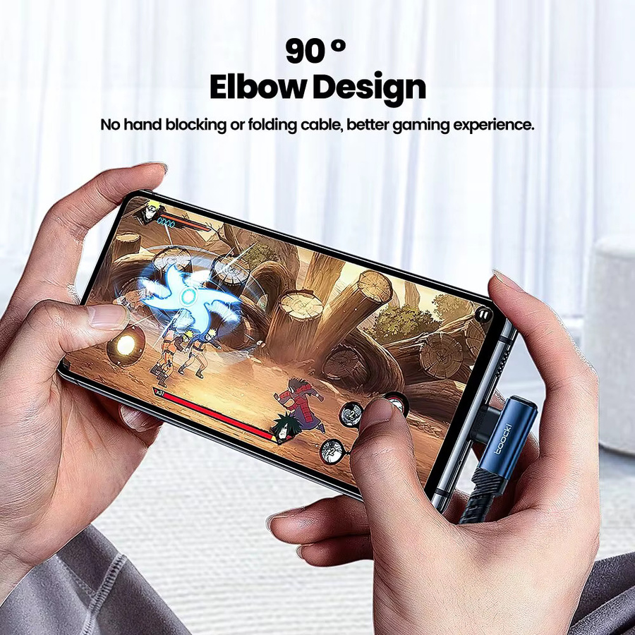 Toocki USB-A auf USB-C Ladekabel mit 90-Grad-Winkel in Blau für schnelles Aufladen von iPhone 15, Samsung S22, Huawei, Xiaomi und Honor - Bild 2
