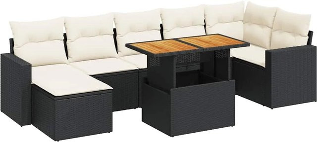 vidaXL 8-teilige Garten-Sofagarnitur aus Poly-Rattan und Akazienholz in Schwarz-Creme mit Kissen - Bild 1