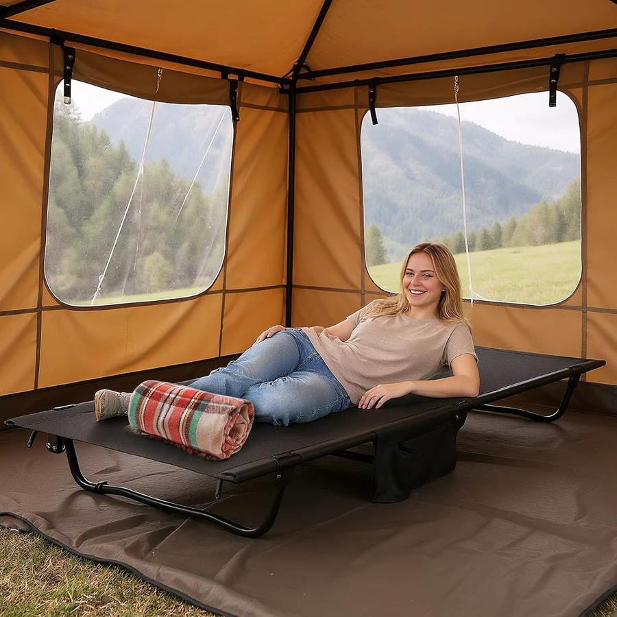 GOFLAME Ultraleichtes Campingfeldbett mit Seitentaschen aus pulverbeschichtetem Aluminium in Grün oder Schwarz - Bild 2
