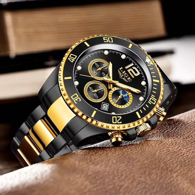 LIGE Armbanduhr Chronograph, Edelstahl, Schwarz, Quarz, Herren - Bild 2