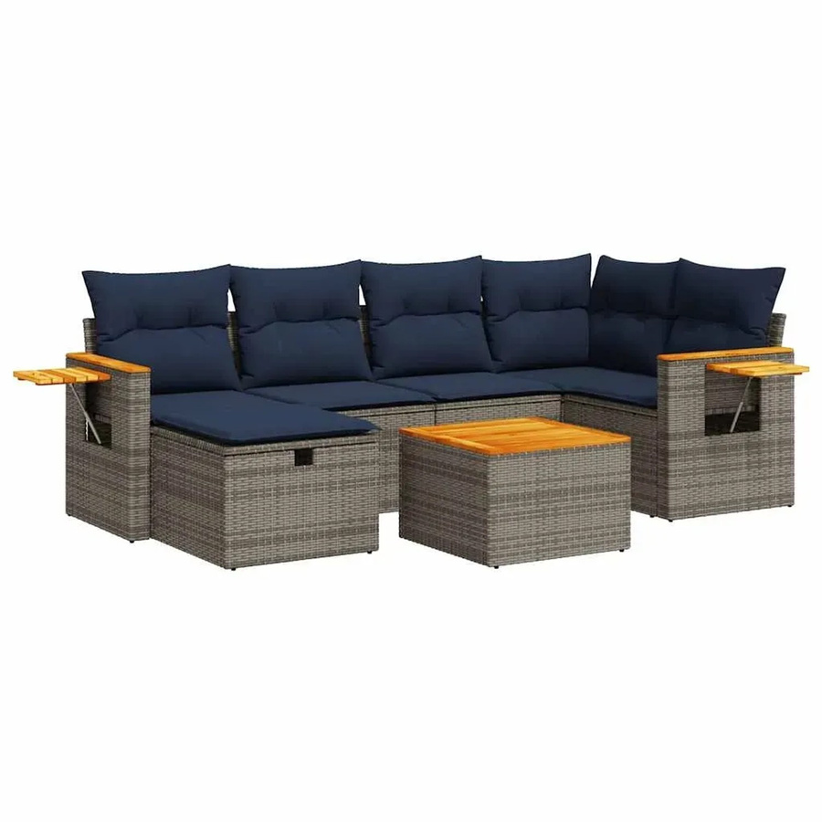 vidaXL 7-tlg Garten-Sofagarnitur in L-Form aus grauem Poly-Rattan mit Kissen und pulverbeschichtetem Stahlgestell - Bild 2