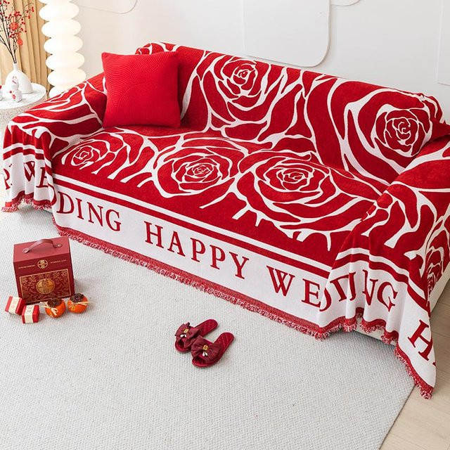 Festlicher Sofabezug aus Chenille in Rot mit floralem Design, B/H: 180 x 130 cm - Bild 1