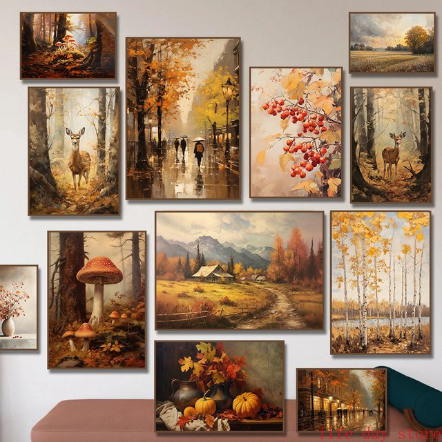 Potdemiel Herbstliches Landschaftsgemälde auf Leinwand mit Hirschen und Naturmotiven, Mehrfarbig - Bild 1