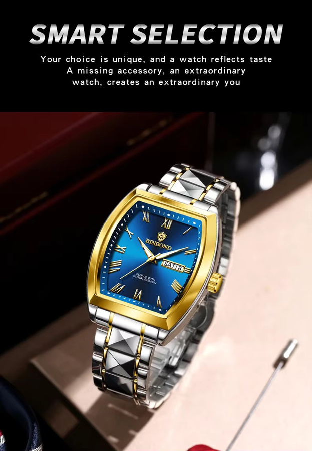 BINBOND Armbanduhr Quarz, Edelstahl, Eckig, Blau, Gold, Unisex - Bild 4