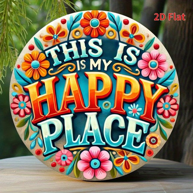 Rundes Metall-Wandkunstschild Potdemiel This Is My Happy Place mit floralem Design und Typografie in Multicolour, Durchmesser: 20 cm - Bild 1