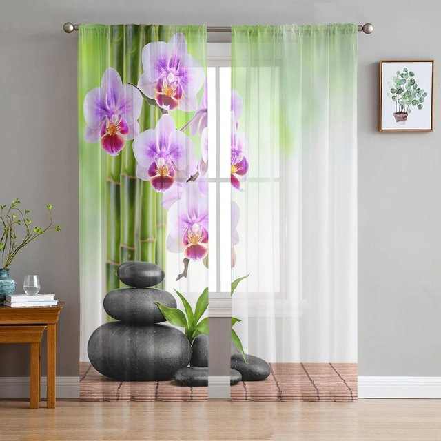 Yiran Furniture Transparente Tüllgardine mit rosa Kirschblüten-Blumenmuster aus Organza, Farbe: Rosa/Mehrfarbig, B: 135 cm, H: 115 cm - Bild 1