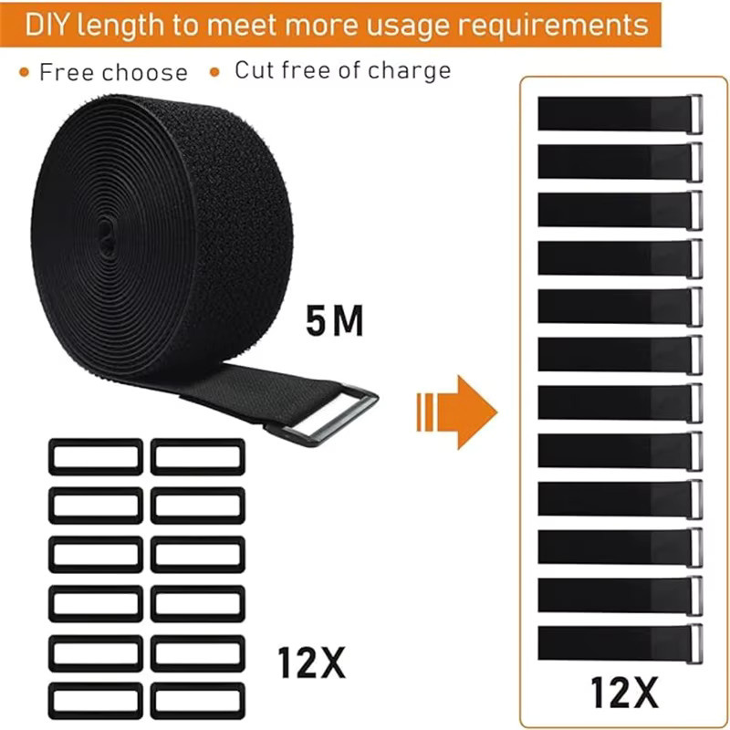 Wiederverwendbare Klettband-Sicherungskabelbinder in Schwarz mit 12 Schnallen, Länge: 5 m, Breite: 5 cm - Bild 3