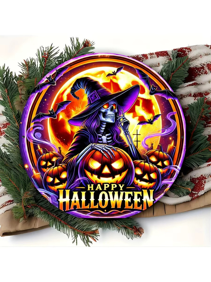 Potdemiel Halloween Gothic Hexe Metallschild Set mit Fledermäusen und Kürbislichtern, rund, Mehrfarbig, Durchmesser: 20 cm - Bild 6