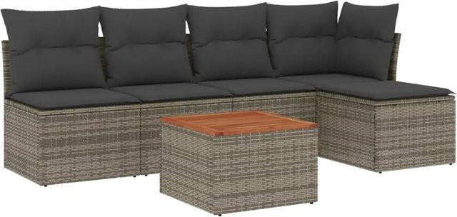 vidaXL 6-tlg Garten-Sofagarnitur aus Poly-Rattan und Akazienholz in Grau mit Kissen - Bild 1