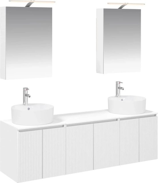 vidaXL Badezimmerschrank-Set in Weiß, 5-teiliges modernes Set aus MDF mit Waschtischunterschrank, Wandunterschrank, Spiegelschrank und LED-Beleuchtung - Bild 1