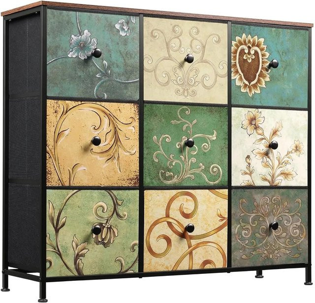 PXloue Kommode mit 9 Schubladen aus Stoff im Vintage-Floral-Design, B/T/H: 86 x 30 x 100 cm, Mehrfarbig - Bild 1