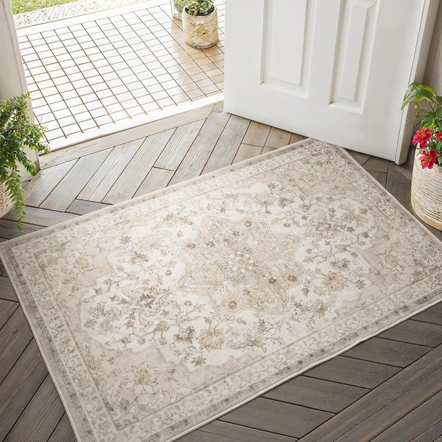 Bohemian Teppich Lodestar in Beige mit Retro-Druck, rutschfeste und waschbare Fußmatte aus Polyester, B/T: 60 x 40 cm - Bild 1