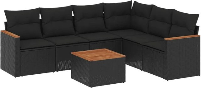 vidaXL 7-teilige Garten-Sofagarnitur in L-Form aus schwarzem Poly-Rattan mit Kissen und pulverbeschichtetem Stahlgestell - Bild 1
