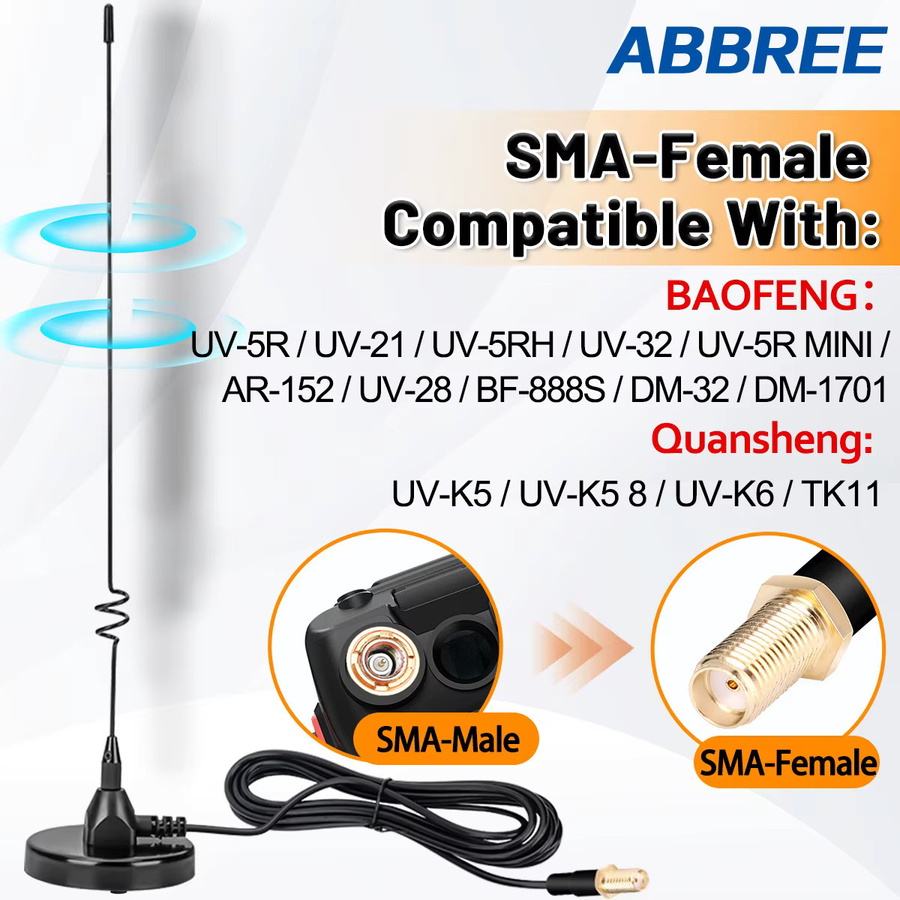 ABBREE V/UHF Mobile Radio Walkie Talkie Antenne mit Magnetfuß und SMA-Buchse PL259 für Baofeng UV5RH UV21 Pro UV32, Schwarz, Durchmesser: 6,6 cm - Bild 2