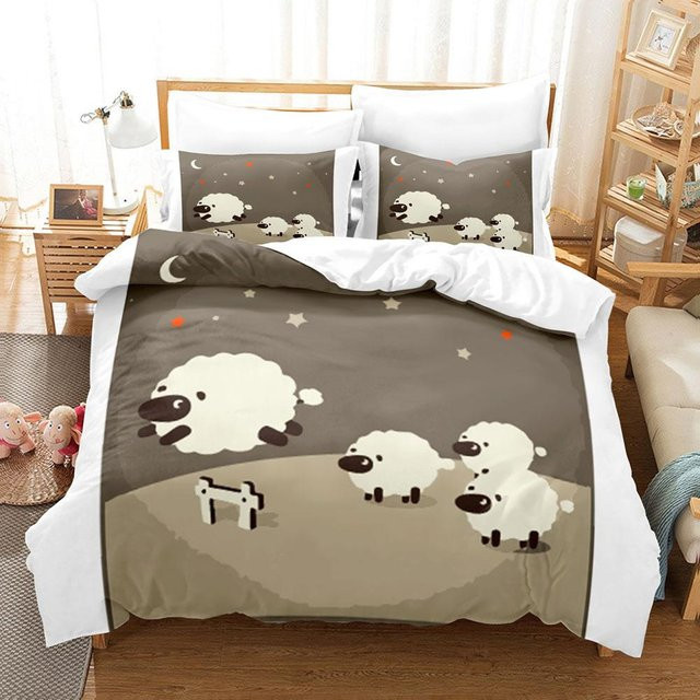 Bettwäsche Set mit weißem Schaf Motiv aus Polyester für Kinder und Teenager, 2-teilig, Farbe Weiß/Grau, B/H: 135 x 200 cm - Bild 1
