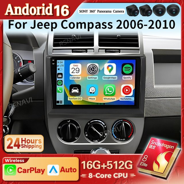 RSNAVI Android 16 Multimedia-Autoradio mit Carplay und GPS für Dodge Caliber und Jeep Compass 1 MK Patriot 2006 - 2010, Schwarz - Bild 1