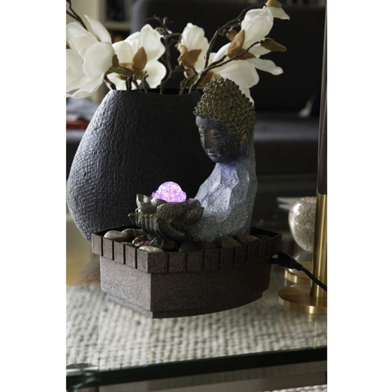 Dobar Buddha Zimmerbrunnen aus Polyresin mit LED-Beleuchtung und Pumpe, grau oder schwarz, B/H/T: 20 x 26 x 17 cm - Bild 2