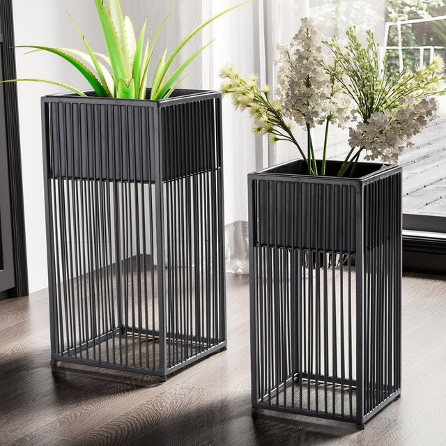 2er Set FineBuy Blumentöpfe aus Metall in Schwarz, quadratisch und modern, Pflanzkübel B/T/H: 25 x 25 x 50 cm - Bild 1