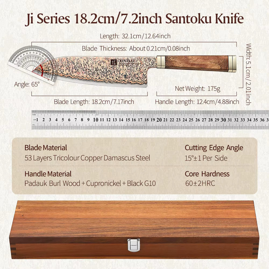XINZUO Santoku-Messer aus 53 Lagen Damaststahl mit Padauk-Holzgriff und schwarzem G10-Griff, mehrfarbig - Bild 2