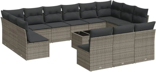 vidaXL 14-tlg Garten-Sofagarnitur in U-Form aus Polyrattan mit Kissen in Grau - Bild 1
