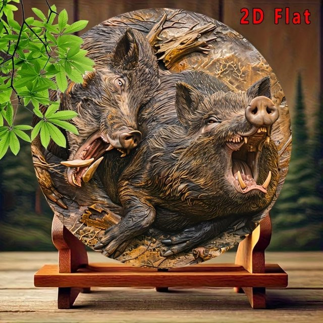 Potdemiel Vintage Wildschwein Wandkunst Dekoratives Metallschild Rund, Durchmesser: 20 cm, Mehrfarbig - Bild 1