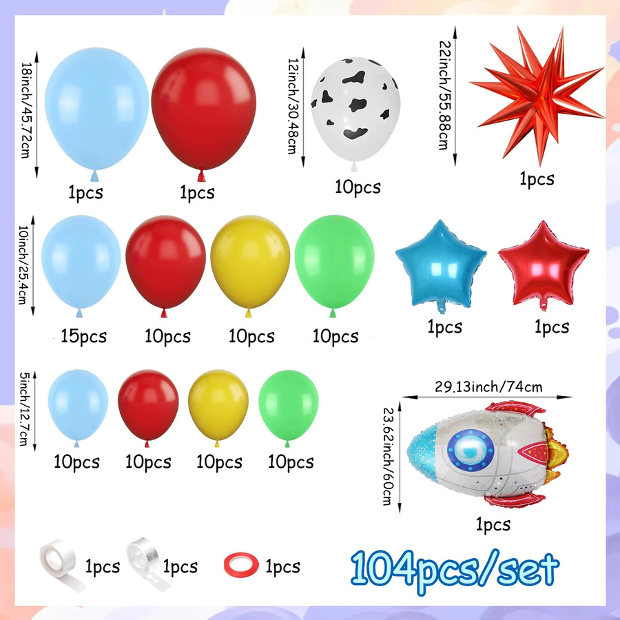 Suita 104-teiliges Ballon-Set mit Cartoon-Motiv und Sternraketen-Folienballon in Rot, Blau, Gelb und Grün - Bild 2