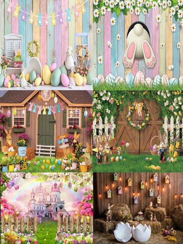 Ostern und Frühling Vinyl-Hintergrund mit Blumen, Gras und Kaninchen in Grün und Mehrfarbig für Babypartys und Kinderzimmer-Dekoration - Bild 1