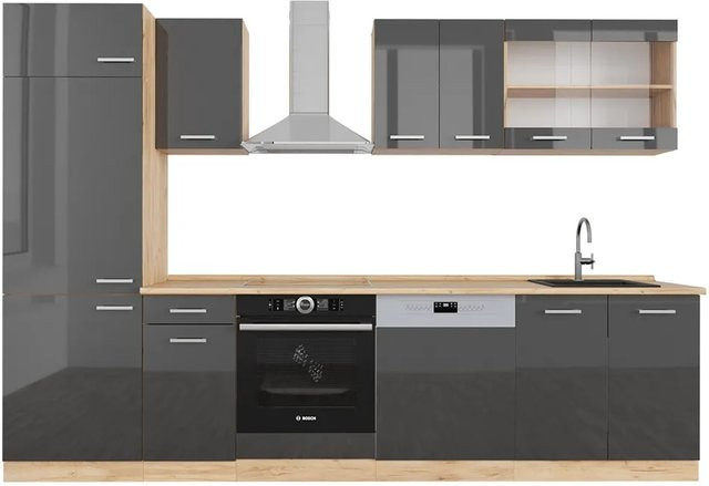 Vicco R-Line Küchenzeile Anthrazit Hochglanz und Goldkraft Eiche, Breite: 300 cm - Bild 1