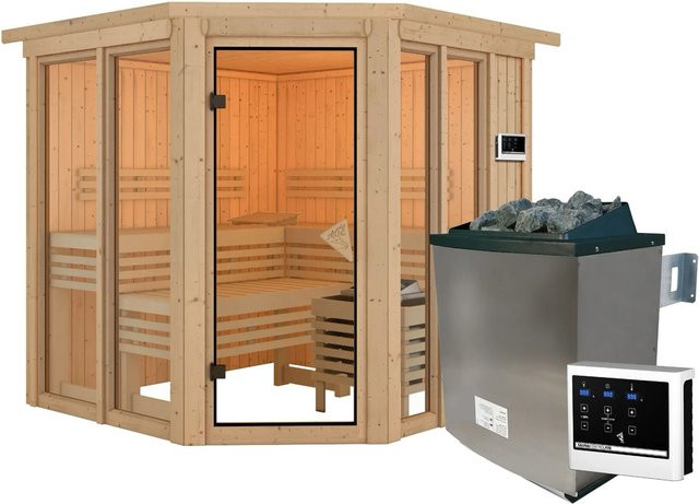 Karibu Sauna Airini Naturbelassen mit Kranz und externem 9 kW Ofen in Braun - Bild 1