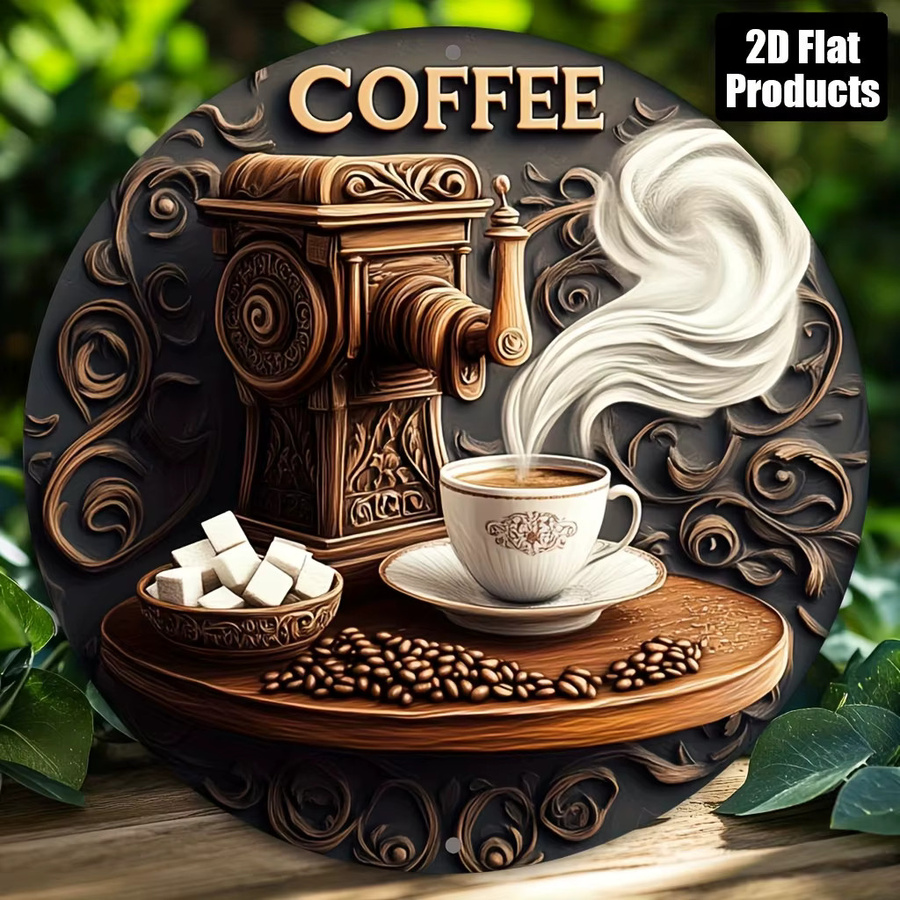Rundes Wanddekorschild aus Aluminium von Potdemiel mit Kaffeethema und Vintage-Espressomaschinen-Design, Durchmesser: 20,3 cm - Bild 4