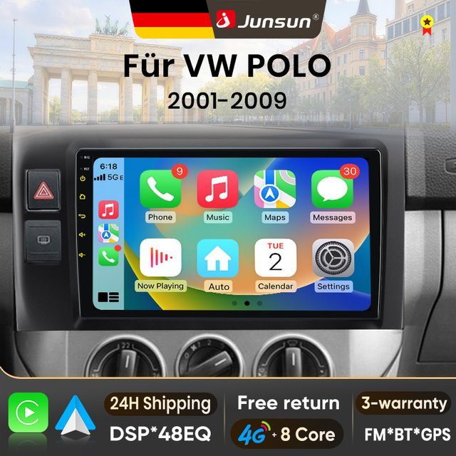 Junsun Android 15 Autoradio für VW Volkswagen Polo Mk4 2001-2011 mit 9 Zoll IPS-Bildschirm, kabelloses Apple CarPlay, Stereo-Multimedia-Videoplayer in Schwarz - Bild 1